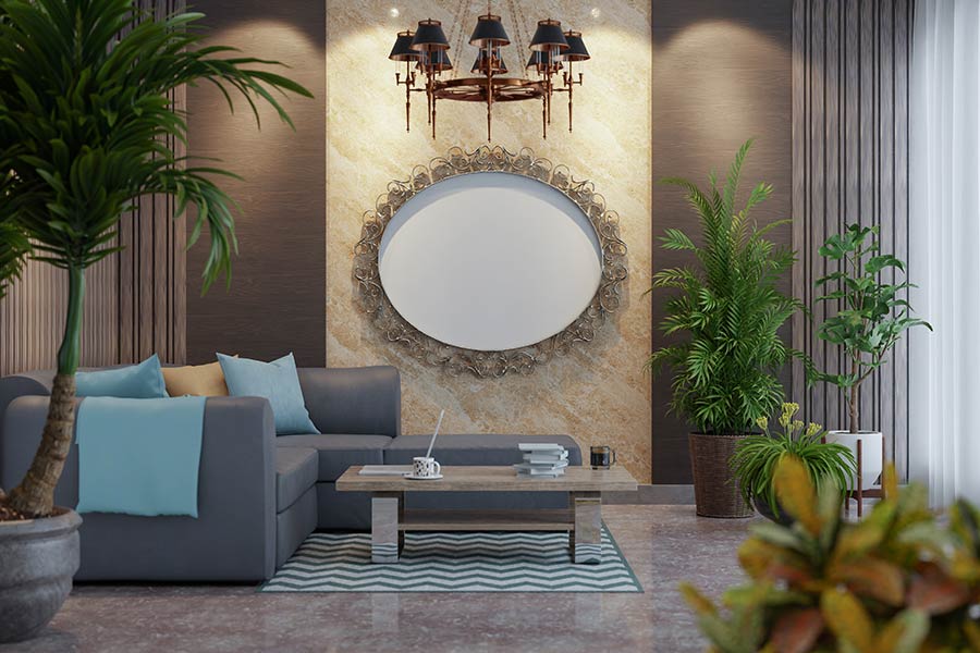 Professional wallpaper installation in a modern living room, Katy TX