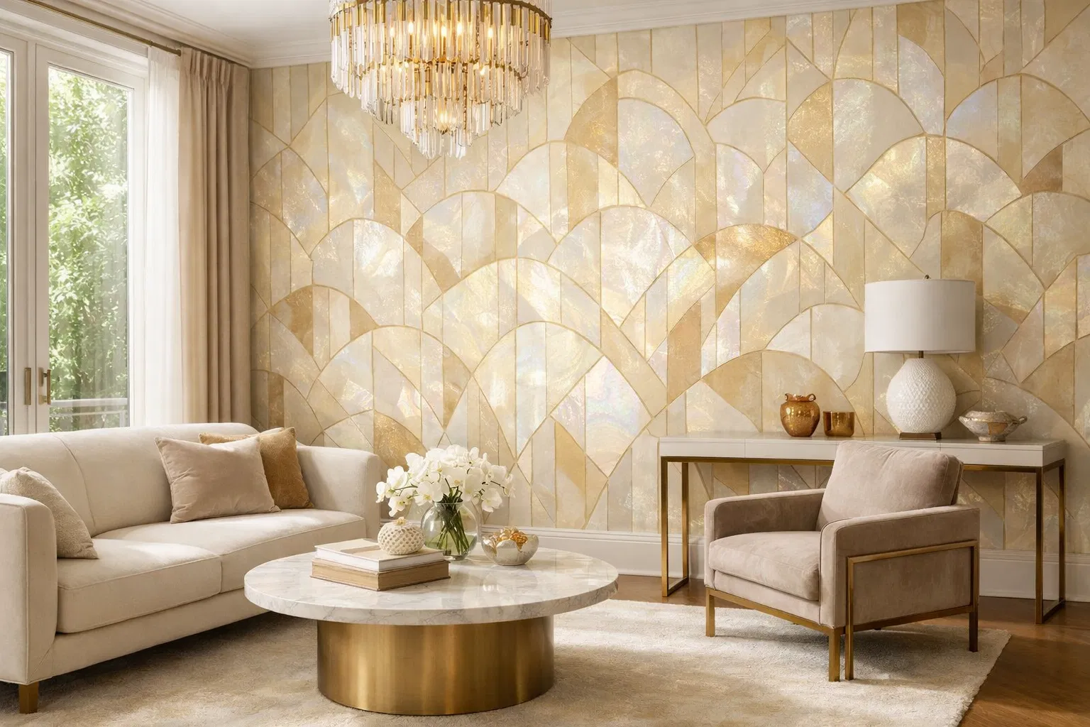 Luxury gold geometric wallpaper accent wall in a residential living room