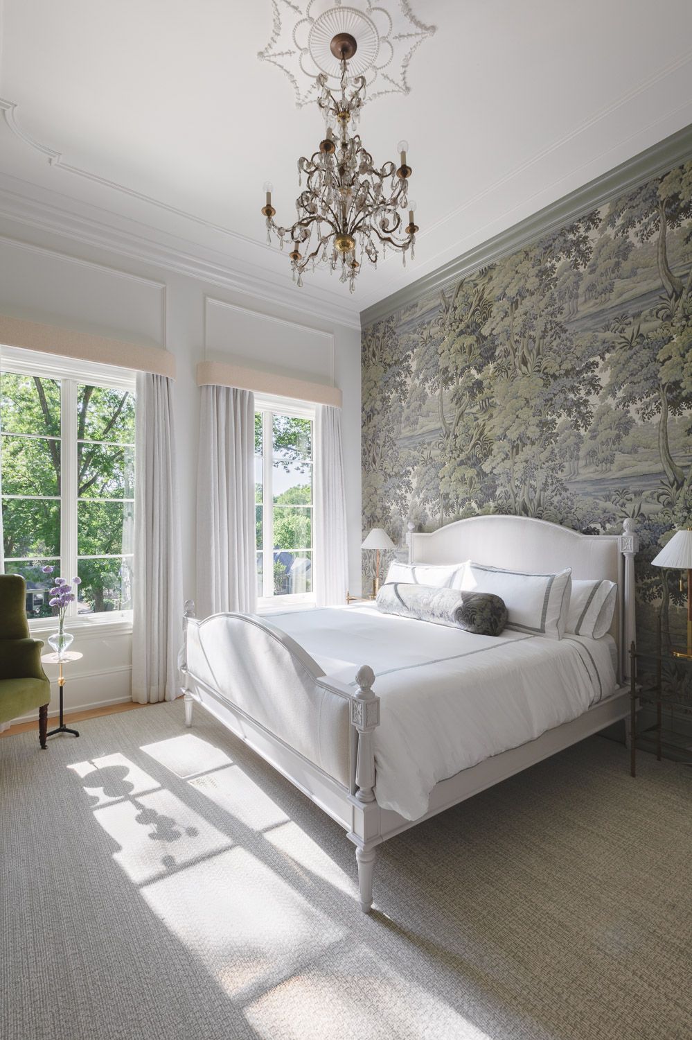 Stone texture wallpaper in an elegant bedroom accent wall