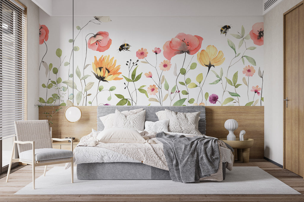 Floral wallpaper mural installed in a bright bedroom