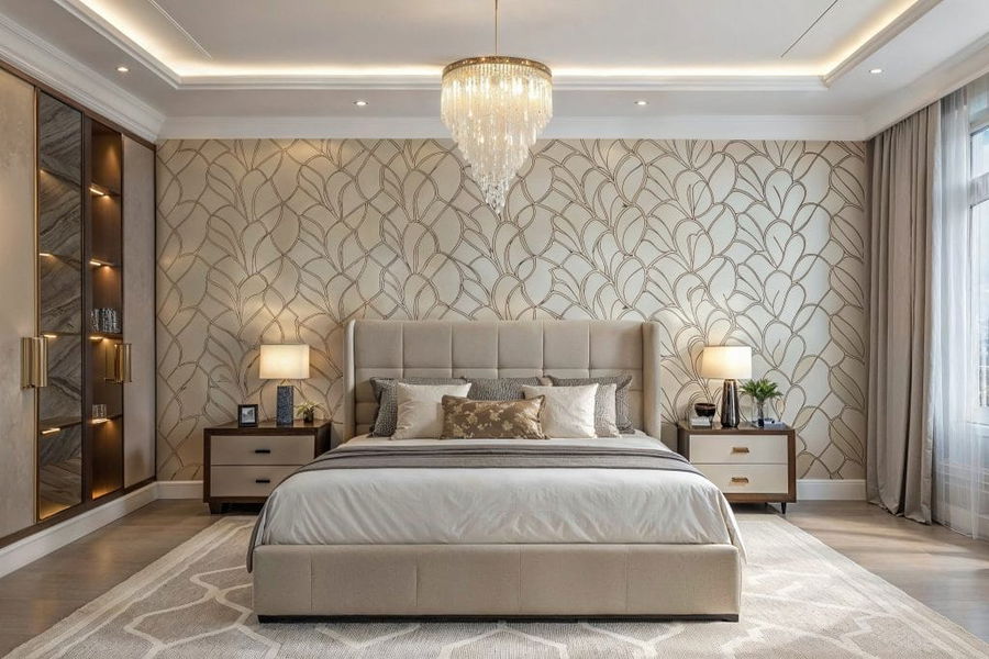 Designer wallpaper installation in a luxury bedroom suite